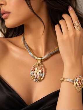 Vintage Floral Statement Jewelry Set | Necklace, Bracelet, Ring & Earrings